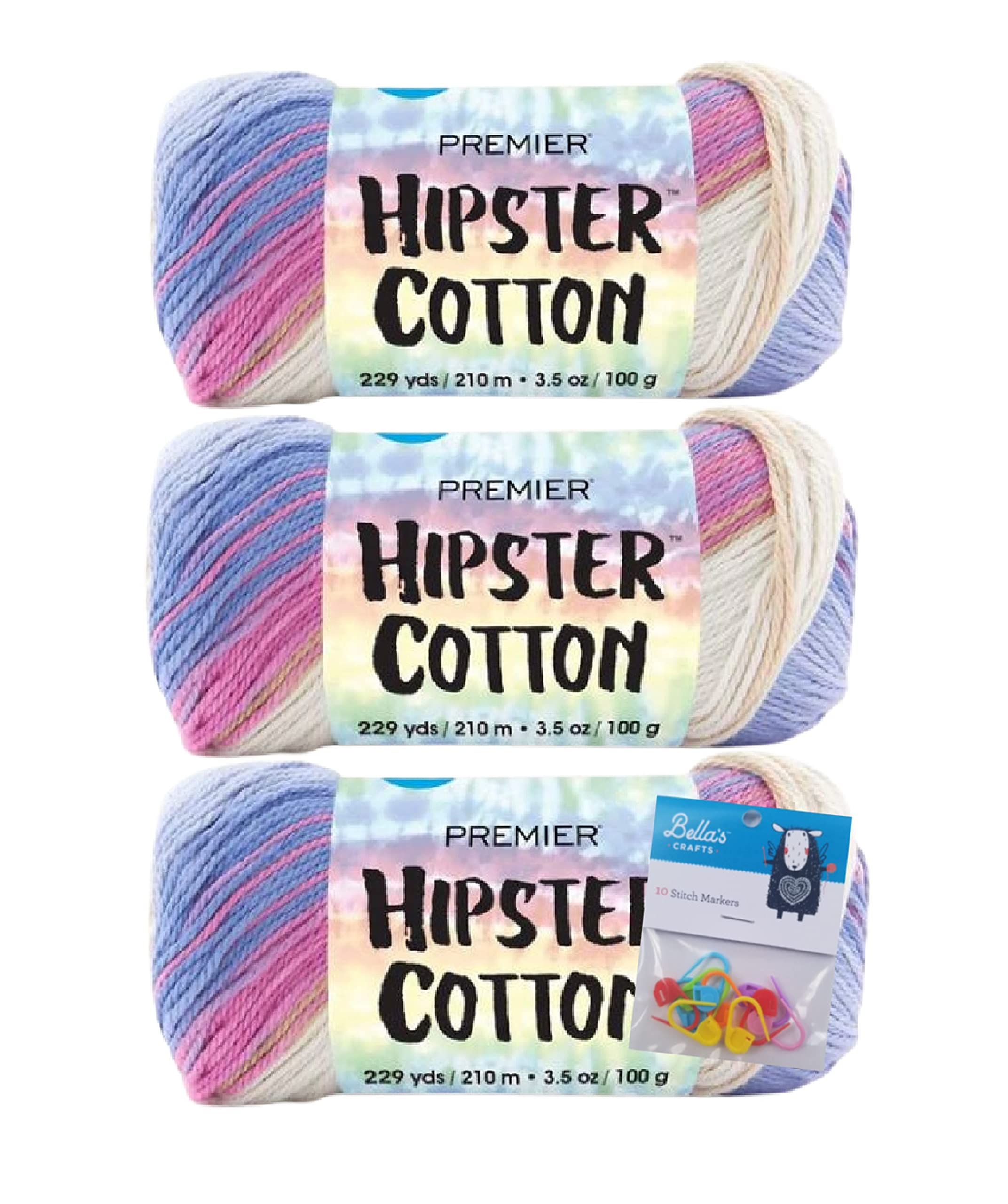 Premier Yarns Hipster Cotton Yarn #3 DK Light Weight |5 Oz Bundle with Bella's Crafts Stitch Markers Berry Rumble